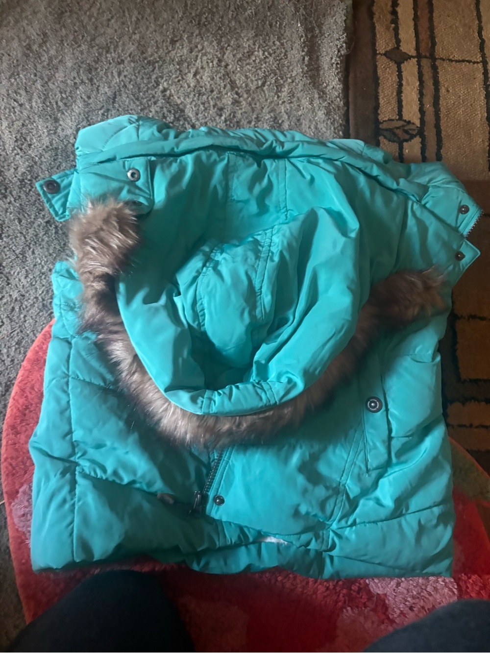 Women’s Teal Puffer Jacket with Faux Fur Hood
